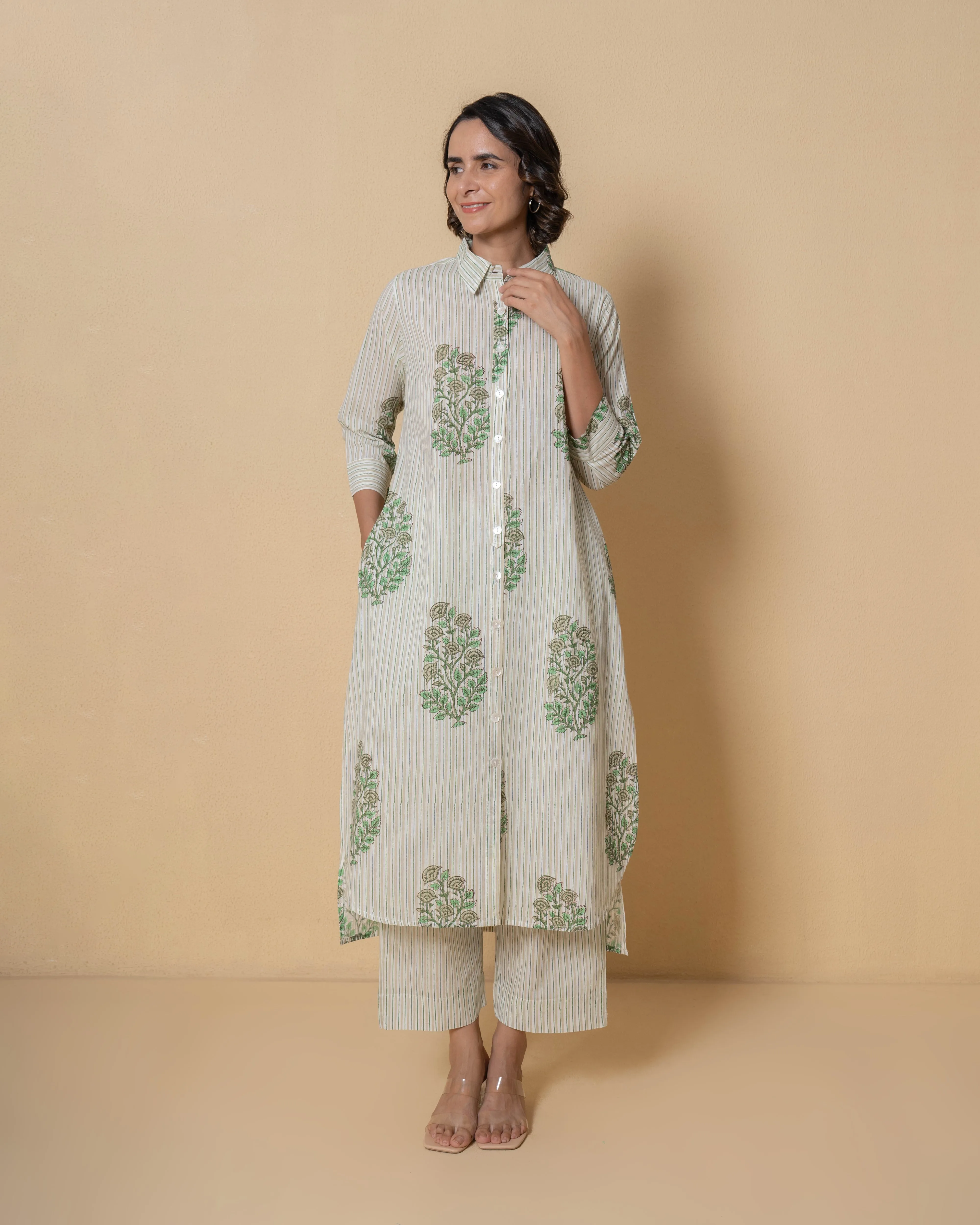 Leaf Green Block Print Cotton Kurta Set