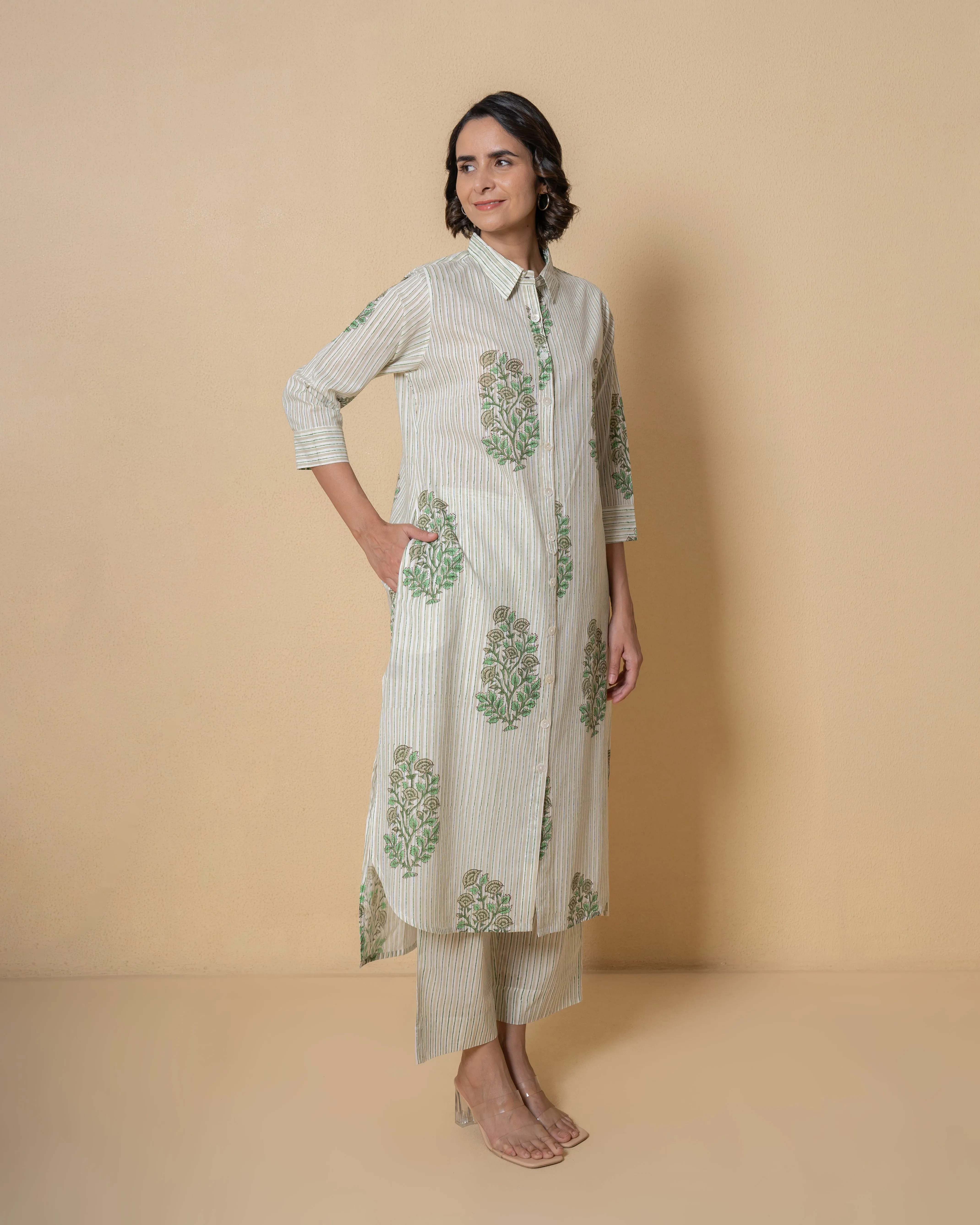 Leaf Green Block Print Cotton Kurta Set