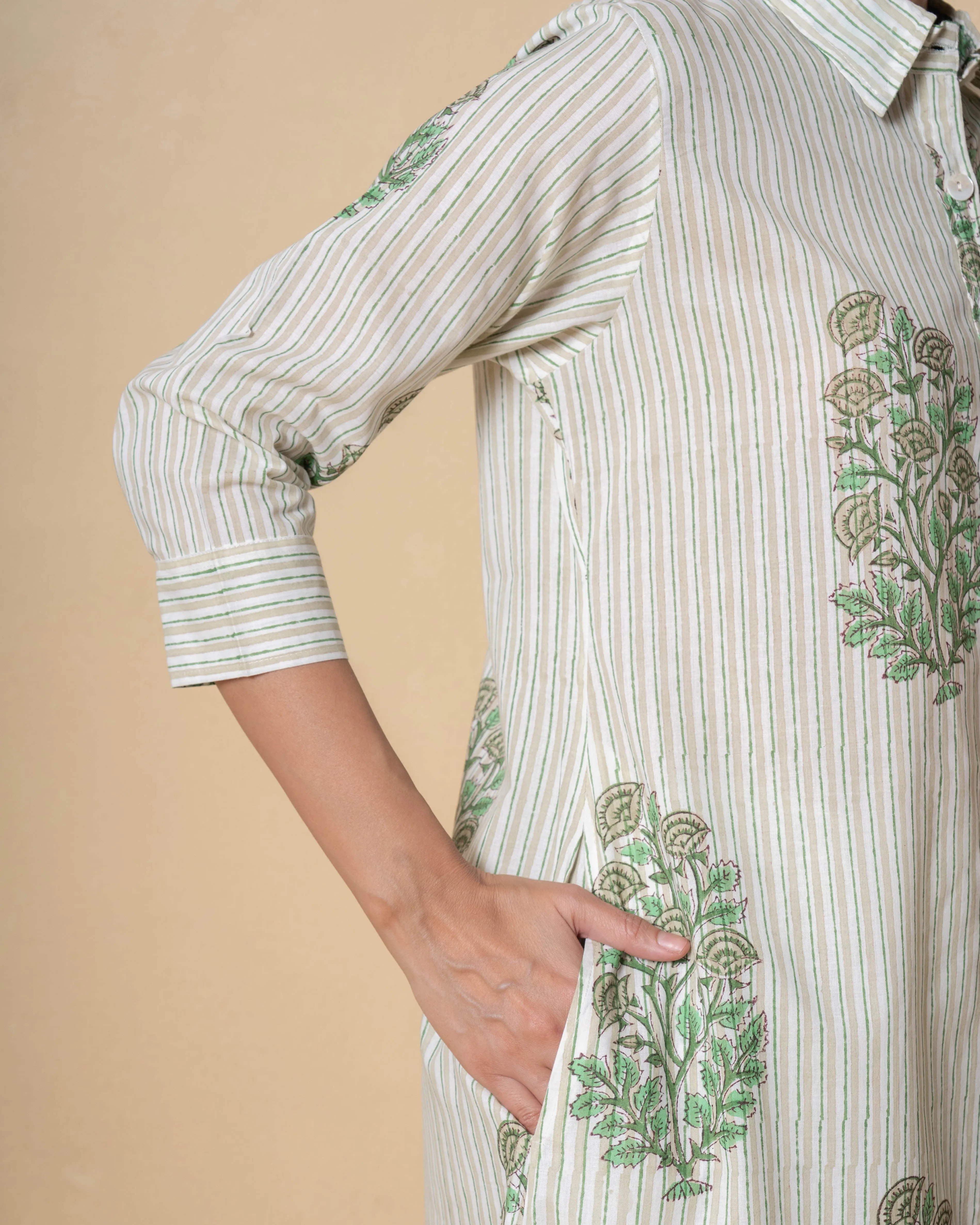 Leaf Green Block Print Cotton Kurta Set