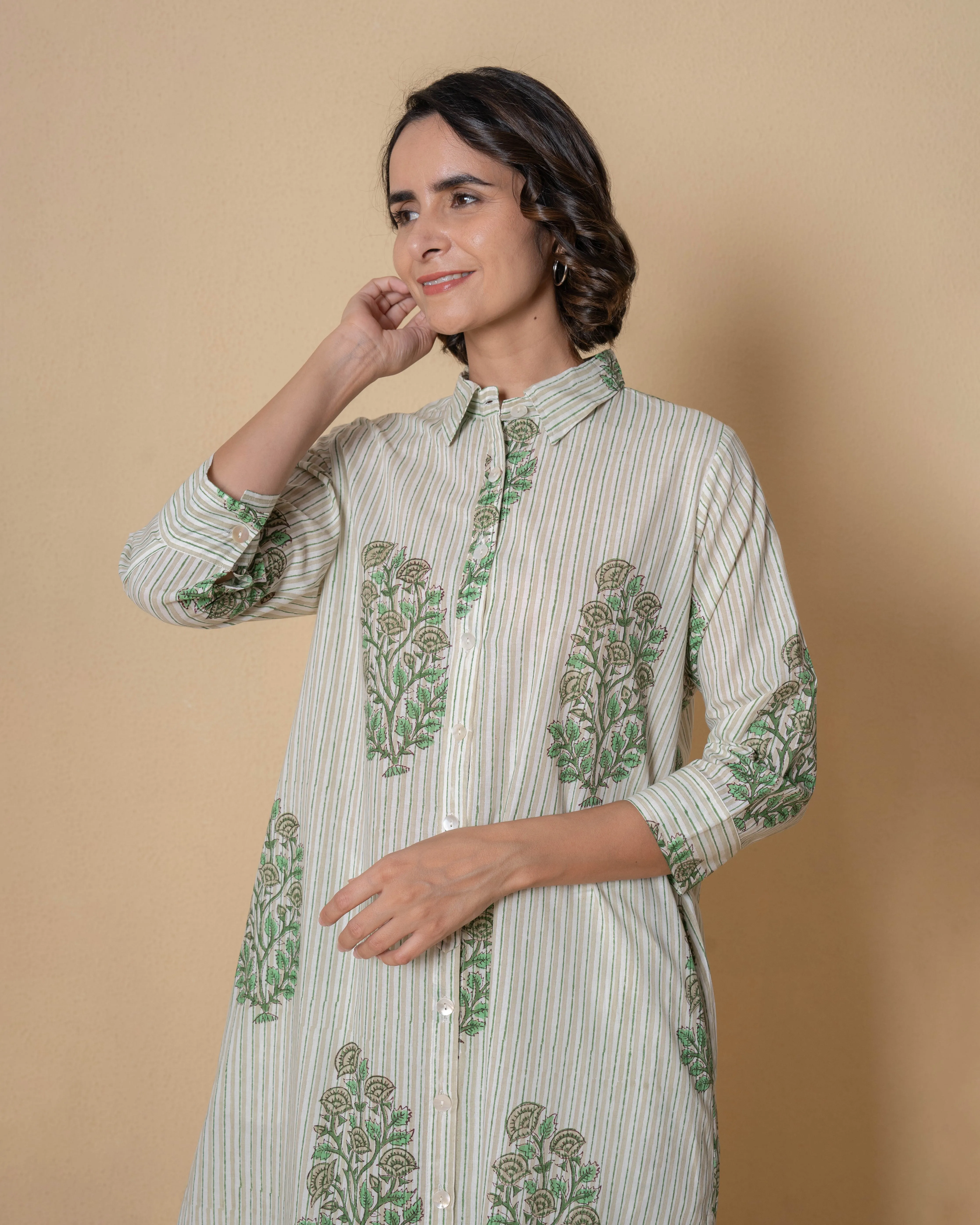 Leaf Green Block Print Cotton Kurta Set