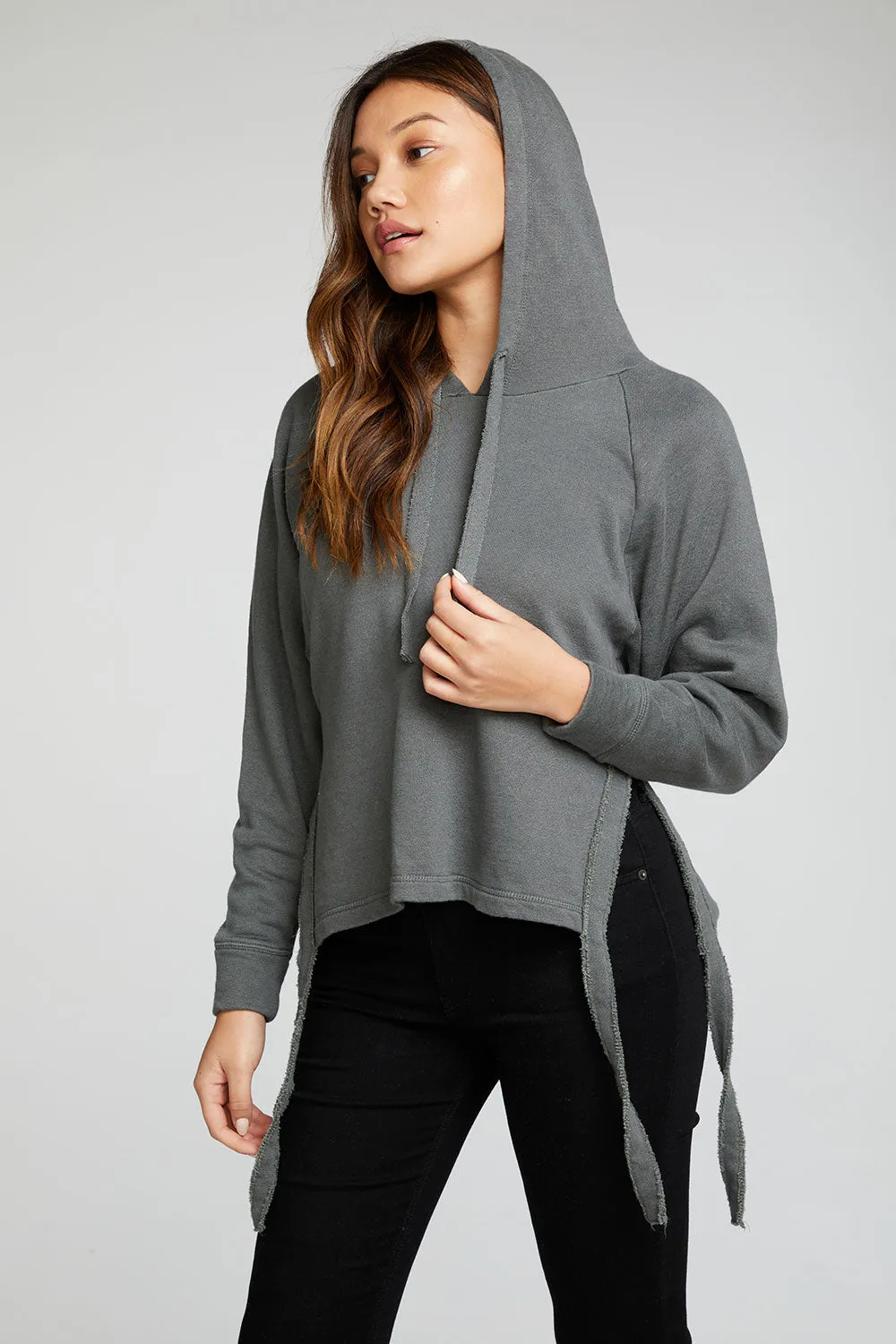 Linen French Terry Long Sleeve Side Tie Batwing Pullover Hoodie