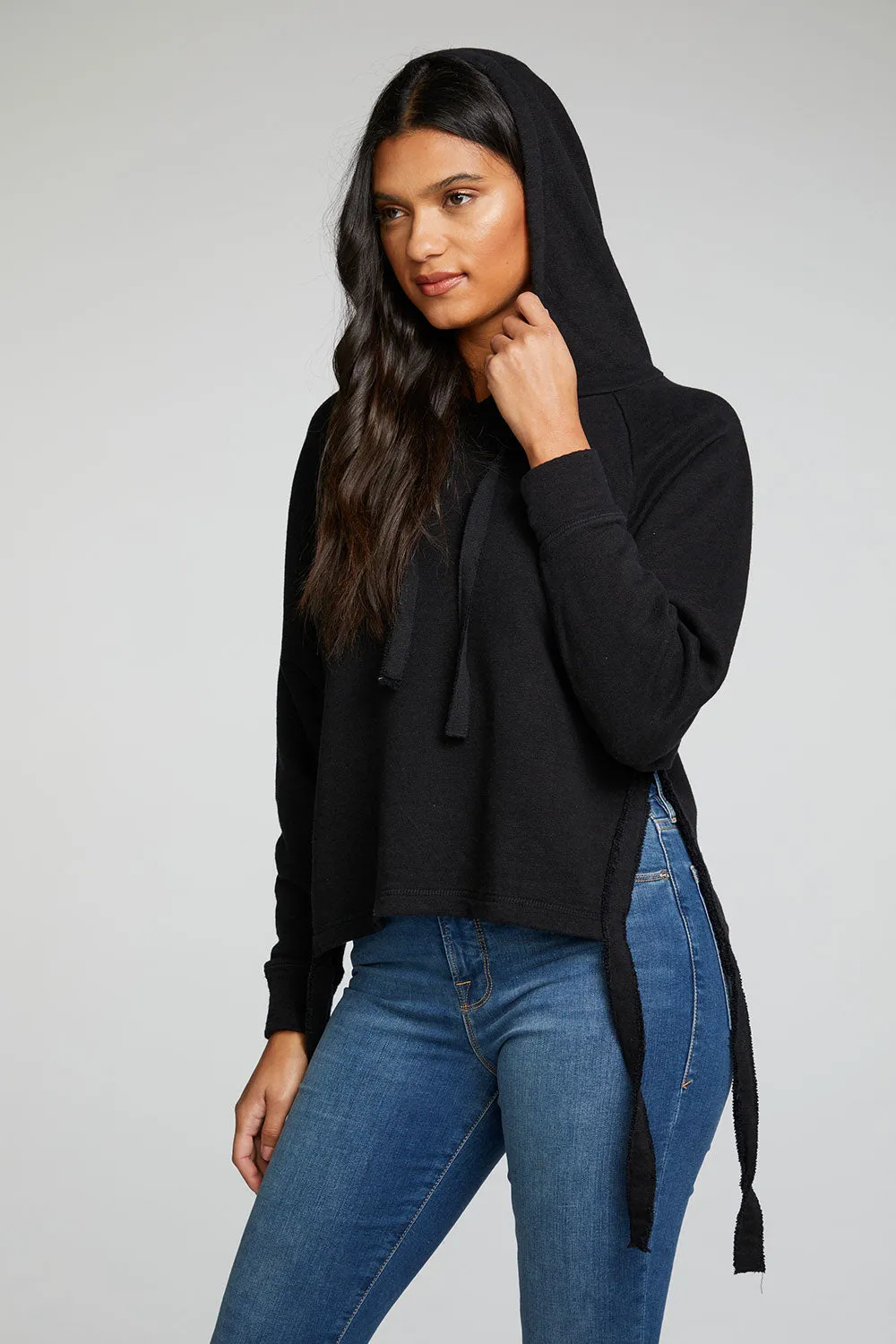 Linen French Terry Long Sleeve Side Tie Batwing Pullover Hoodie