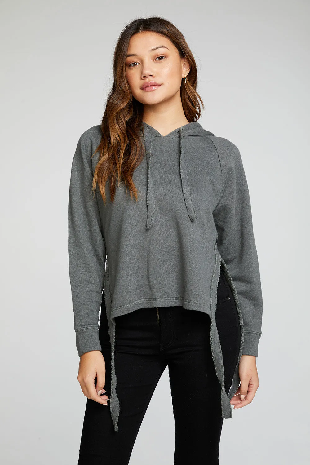 Linen French Terry Long Sleeve Side Tie Batwing Pullover Hoodie