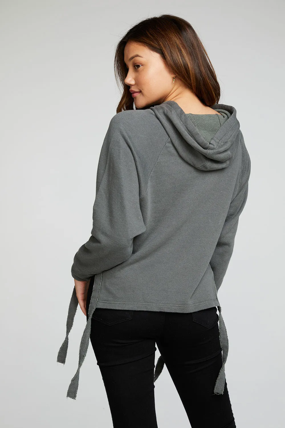 Linen French Terry Long Sleeve Side Tie Batwing Pullover Hoodie