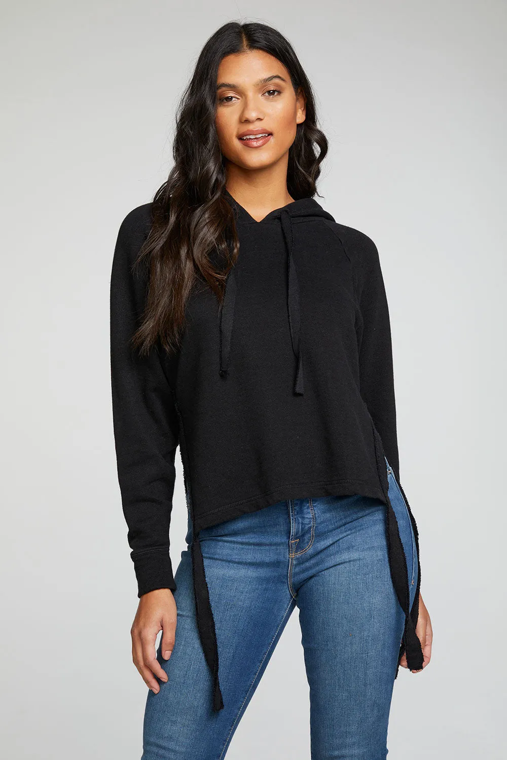 Linen French Terry Long Sleeve Side Tie Batwing Pullover Hoodie