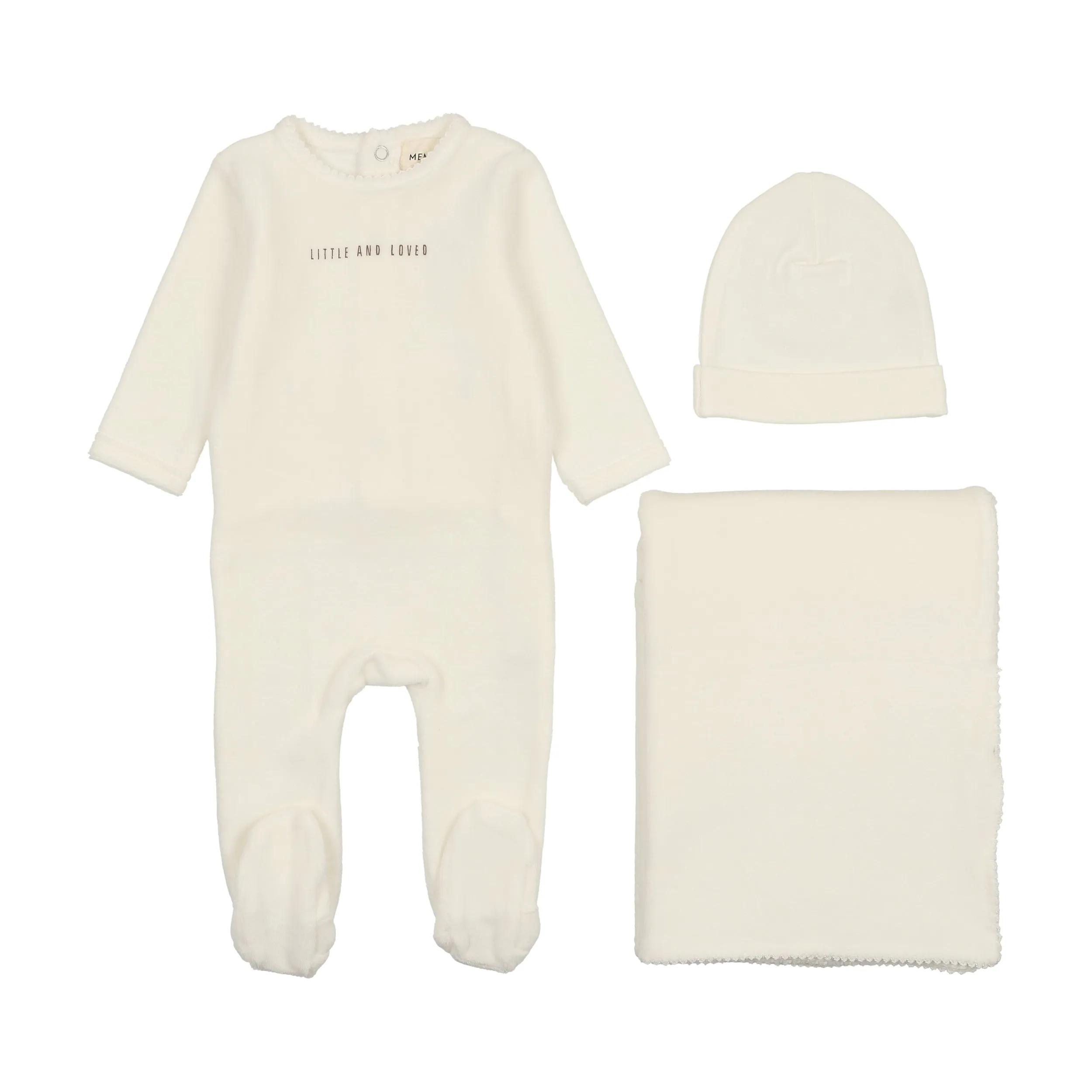 Little & loved winter white 3 pc set by Mema Knits
