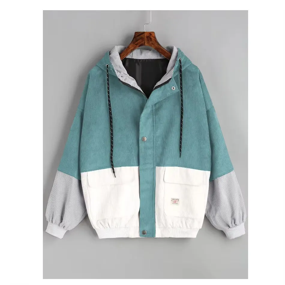 Long Sleeve Cute Colors Combination Hooded Corduroy Jacket