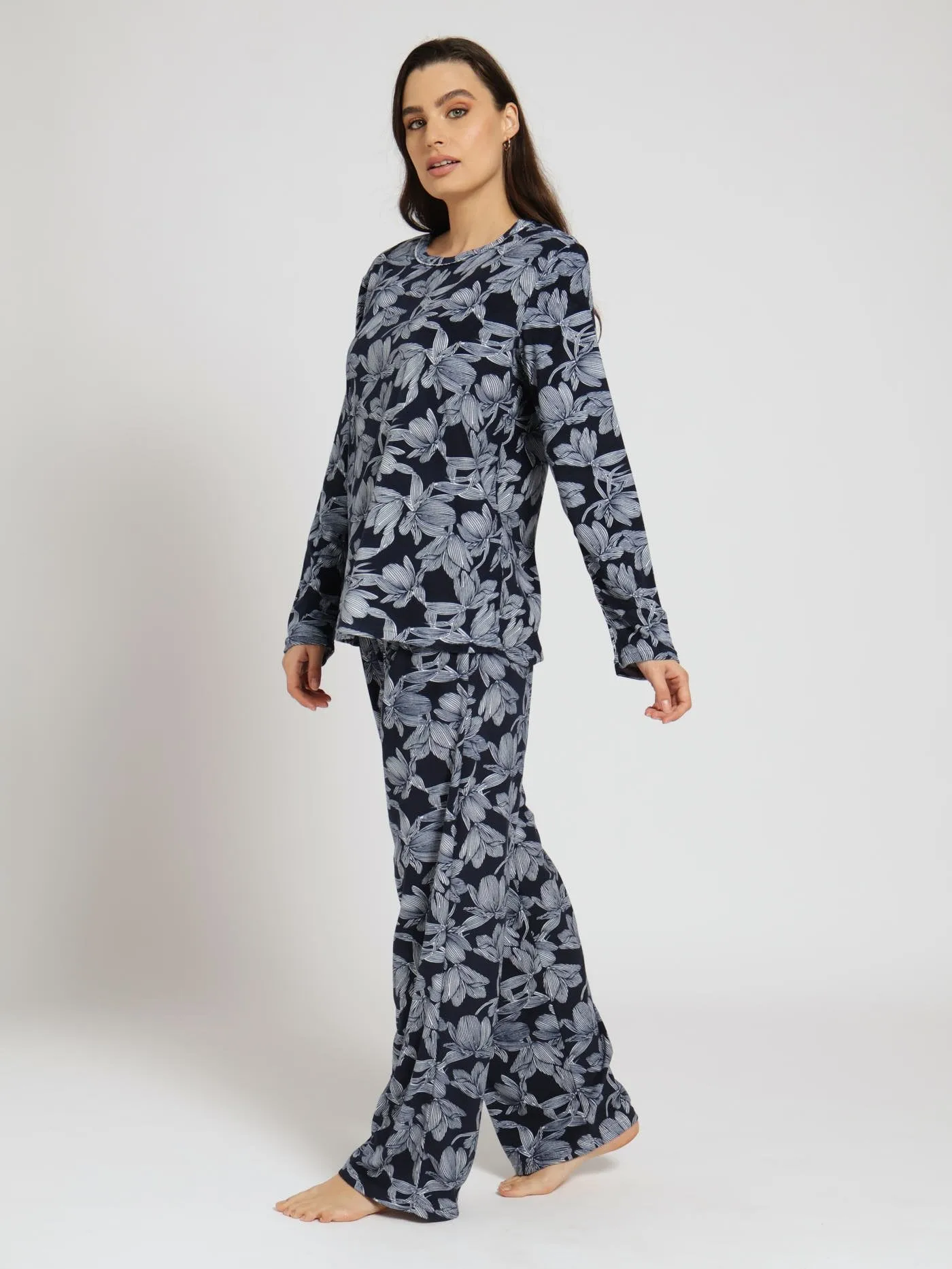 Long Sleeve Floral Velour Pj Top & Pants Set - Navy