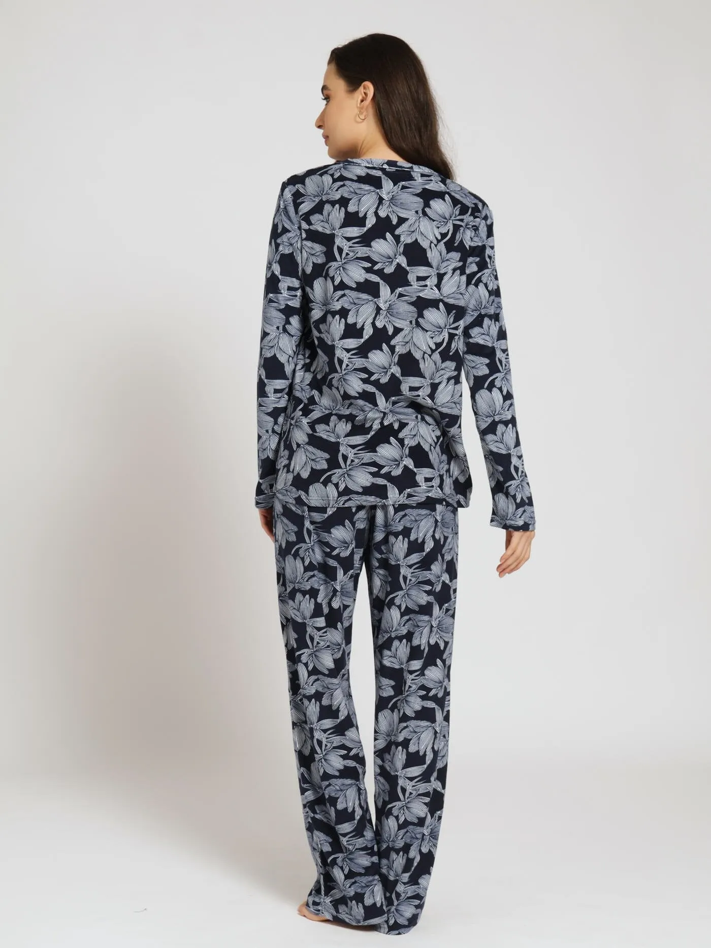 Long Sleeve Floral Velour Pj Top & Pants Set - Navy