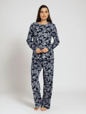 Long Sleeve Floral Velour Pj Top & Pants Set - Navy