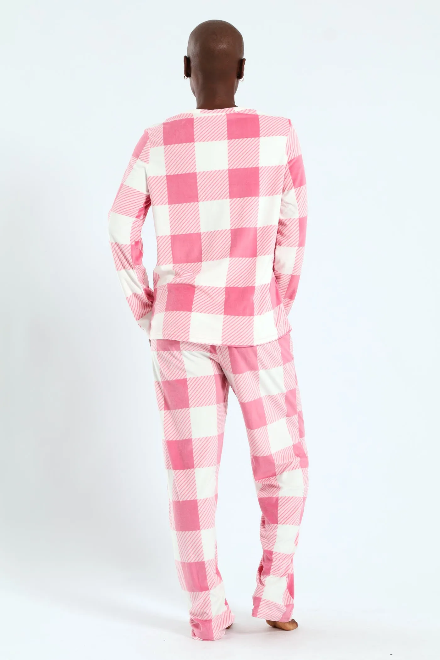 Long Sleeve Top & Pant Check Velour Set - White/Pink