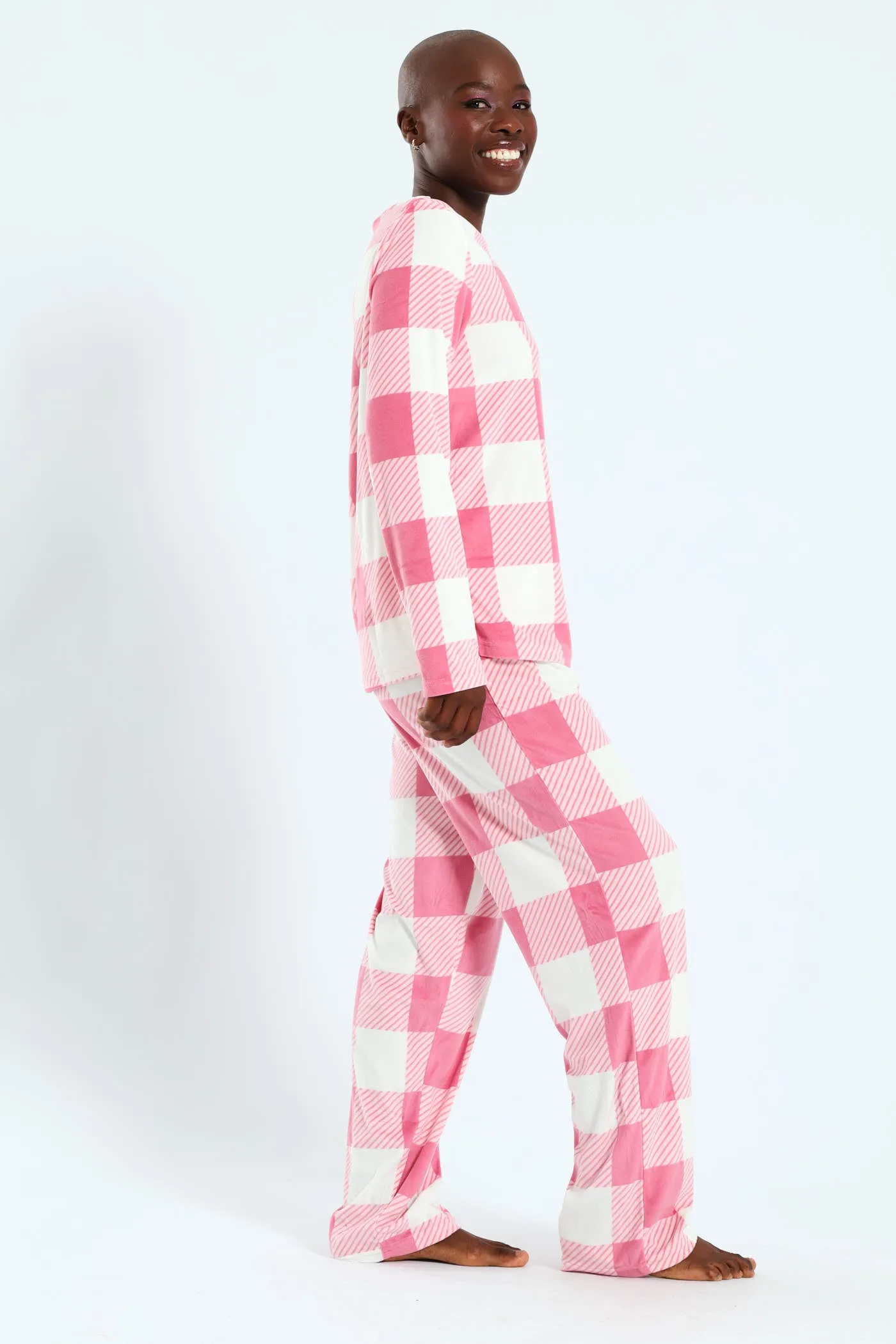 Long Sleeve Top & Pant Check Velour Set - White/Pink