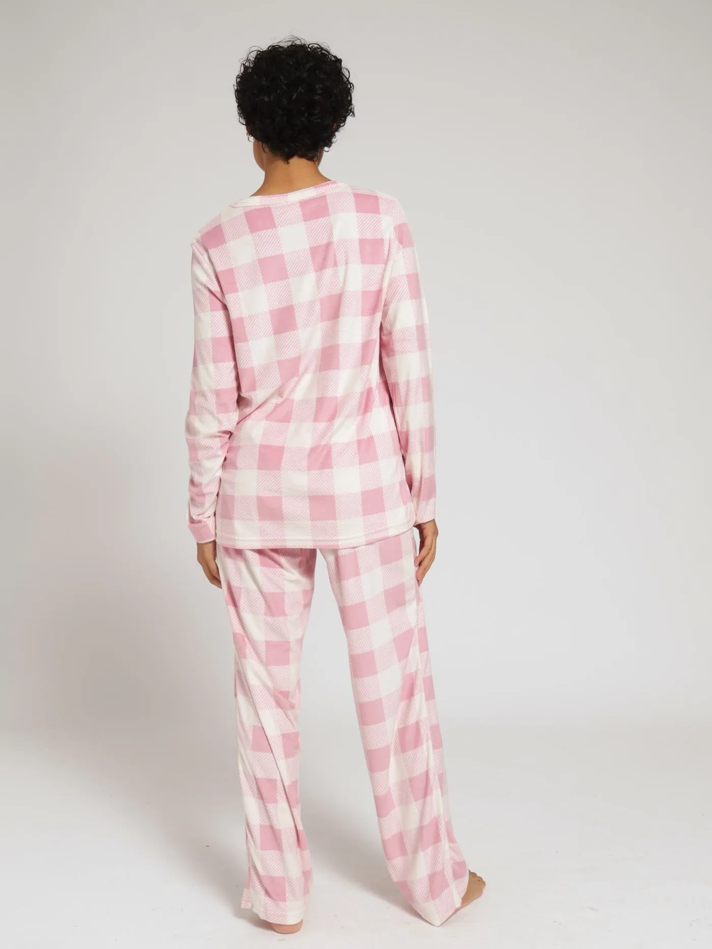 Long Sleeve Velour Check Pj Jogger Set  - Pink