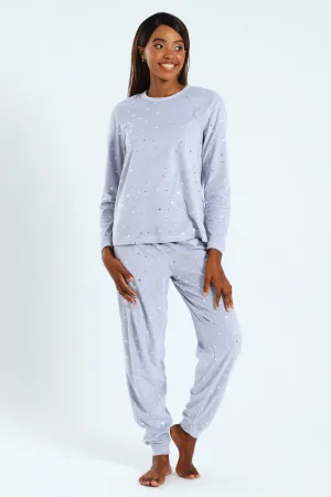 Long Sleeve Velour Embossed Star Top & Pants Set - Light Blue