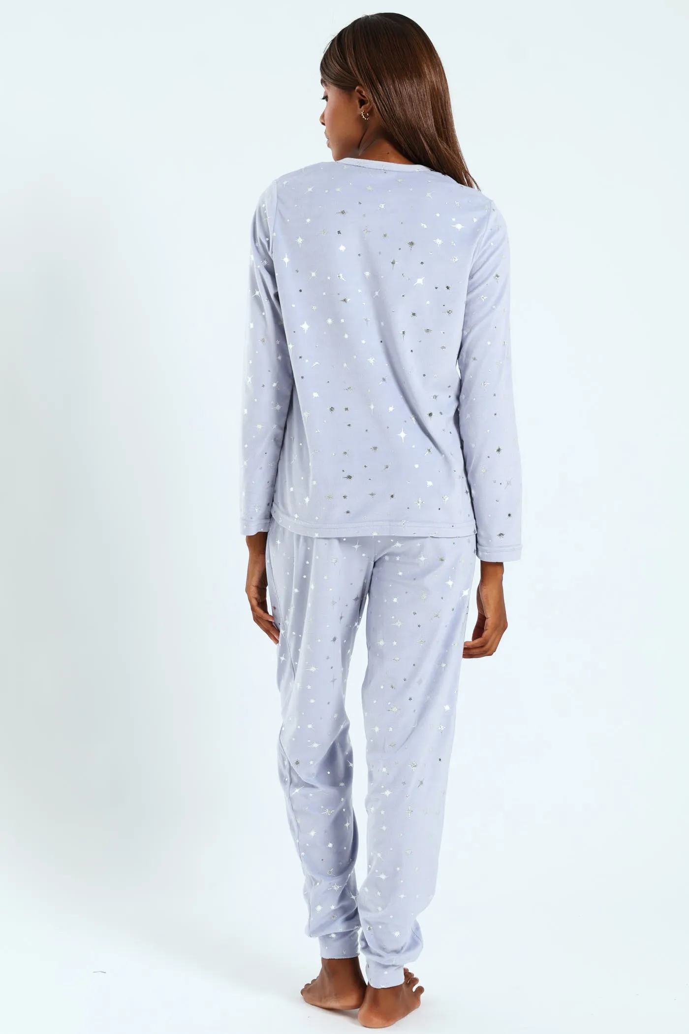 Long Sleeve Velour Embossed Star Top & Pants Set - Light Blue