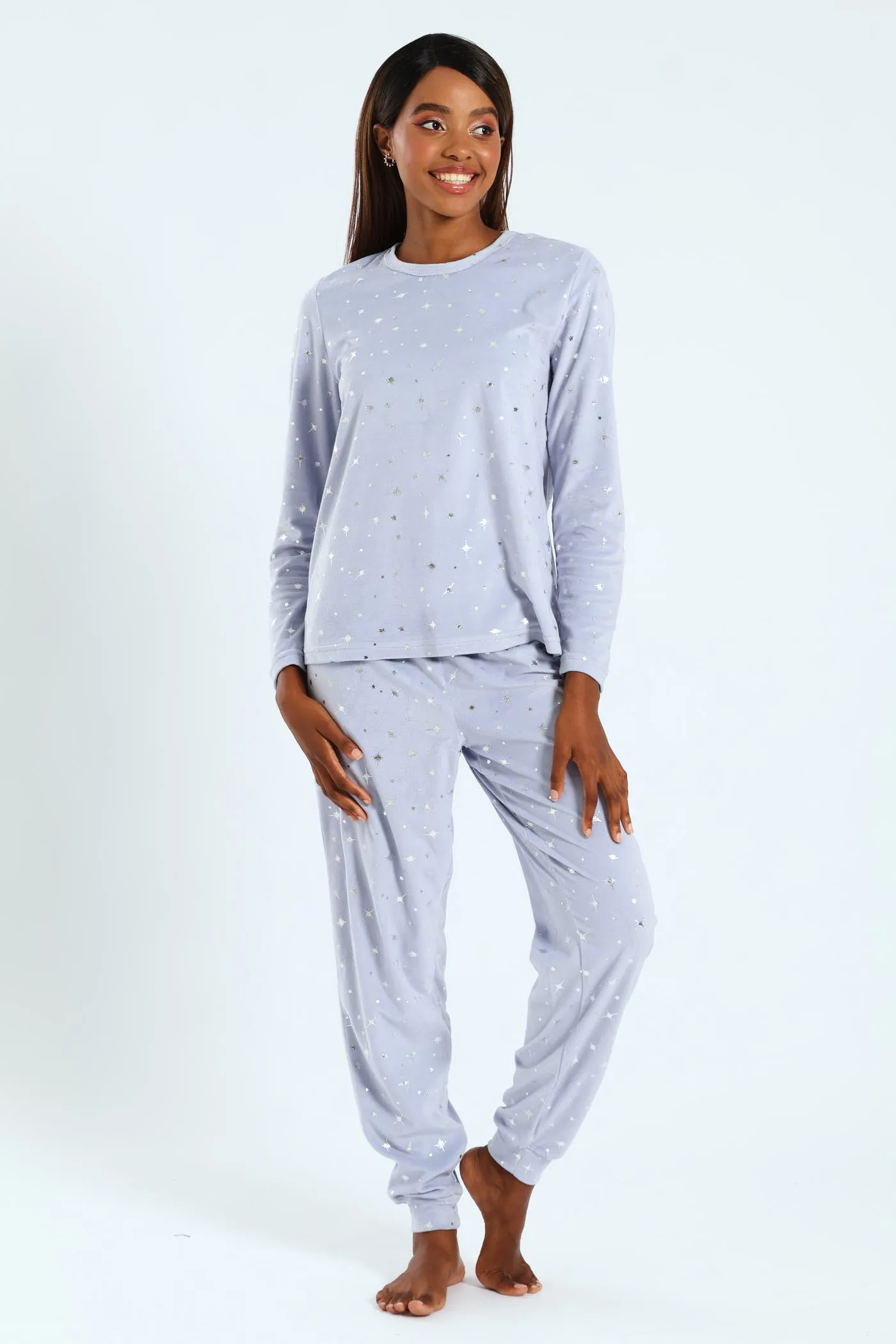Long Sleeve Velour Embossed Star Top & Pants Set - Light Blue