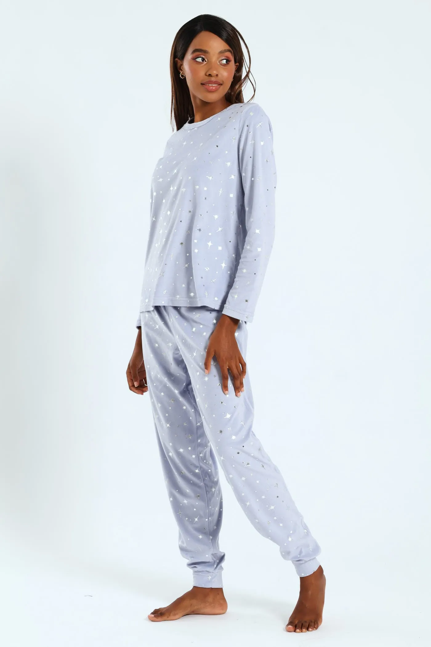 Long Sleeve Velour Embossed Star Top & Pants Set - Light Blue
