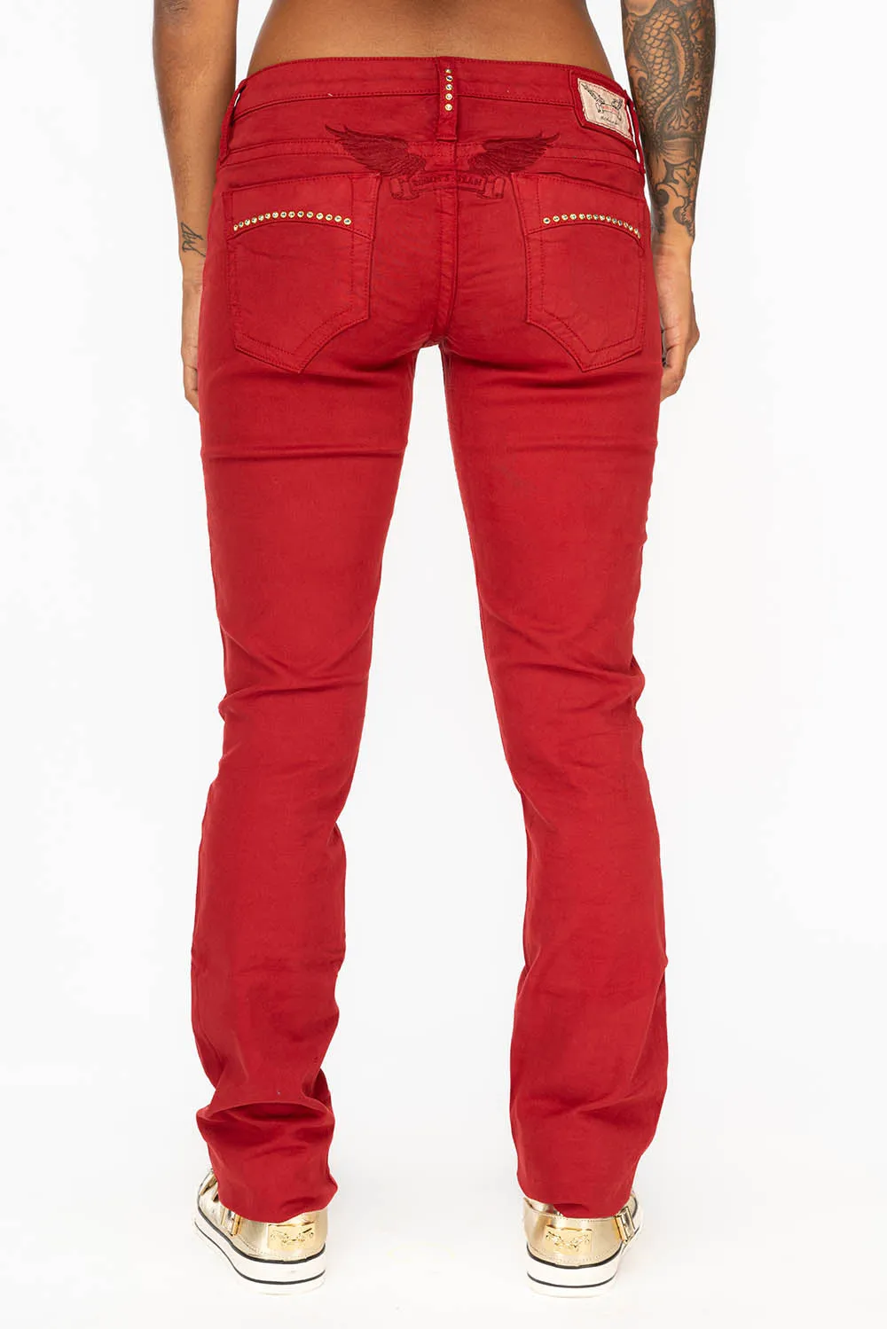 LOW RISE WOMENS JEANS IN BURGUNDY  WITH CLEAR CRYSTAL