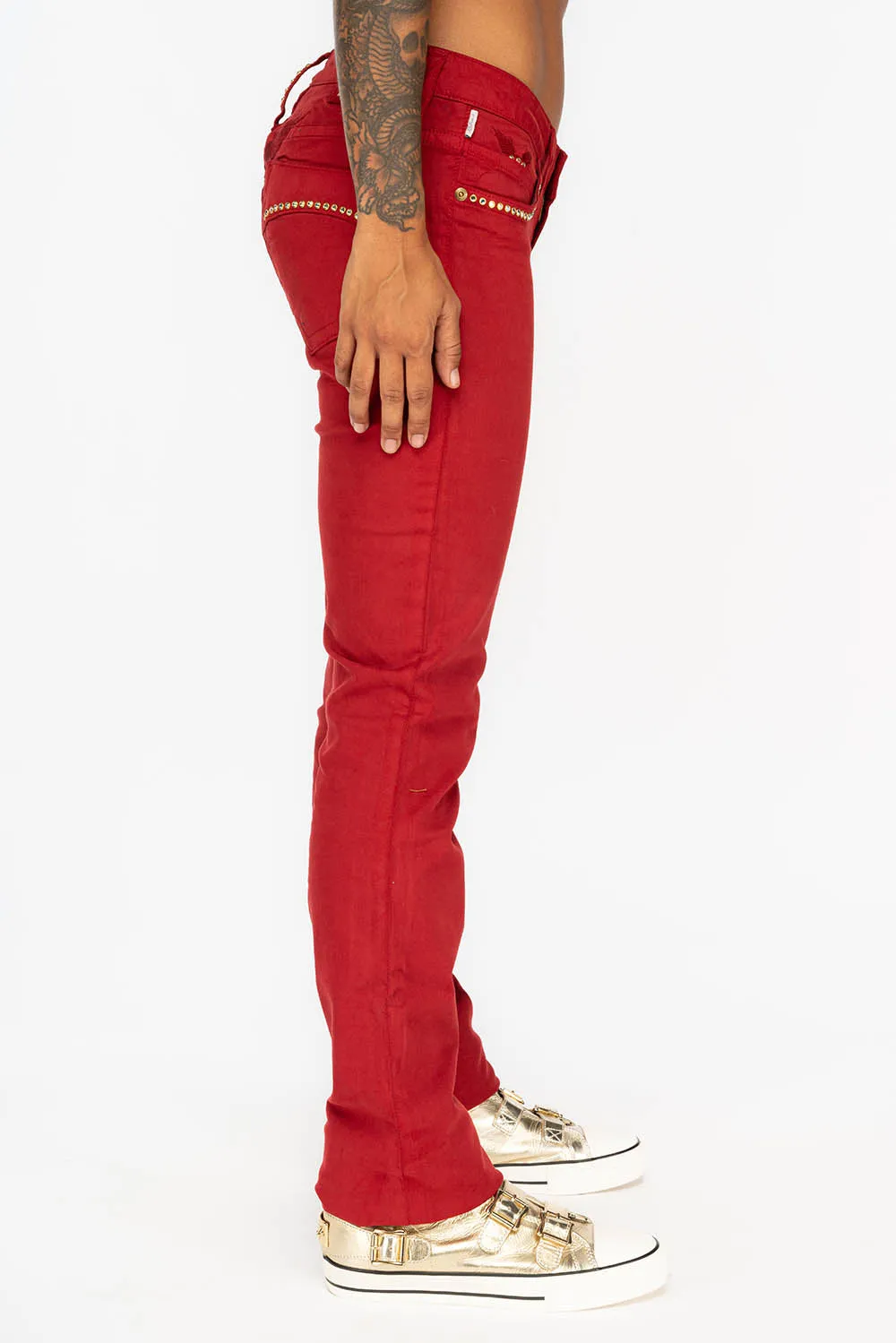 LOW RISE WOMENS JEANS IN BURGUNDY  WITH CLEAR CRYSTAL
