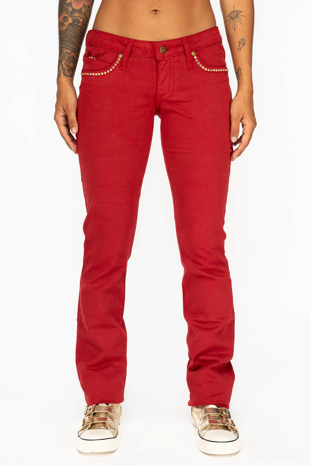 LOW RISE WOMENS JEANS IN BURGUNDY  WITH CLEAR CRYSTAL