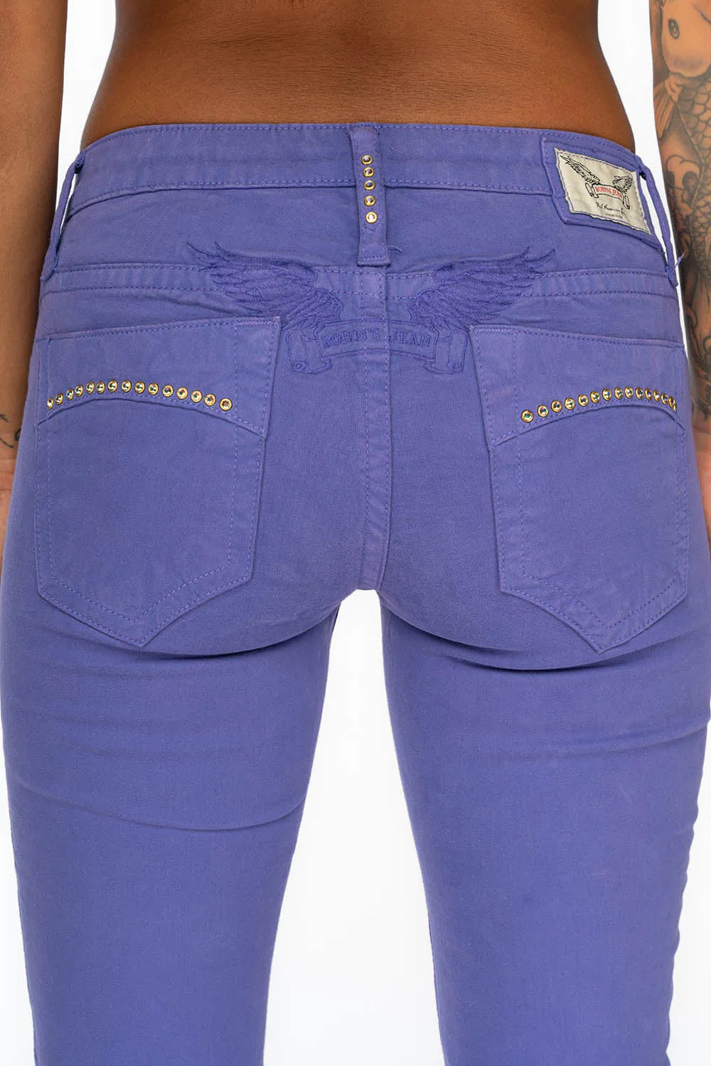 LOW RISE WOMENS JEANS IN LAVANDER  WITH CLEAR CRYSTAL