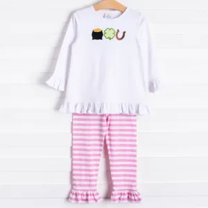 Lucky Day Applique Ruffle Pant Set, Pink