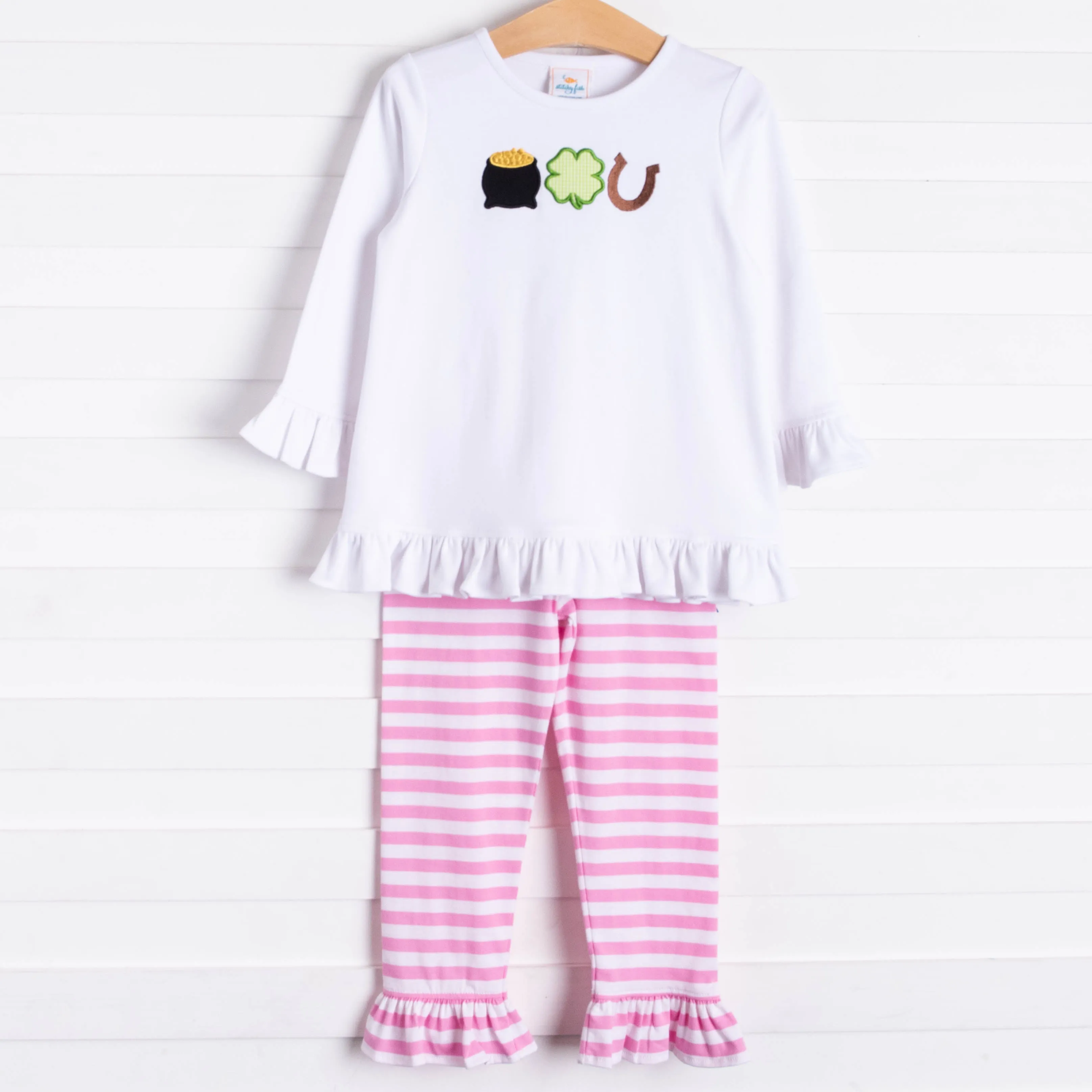 Lucky Day Applique Ruffle Pant Set, Pink