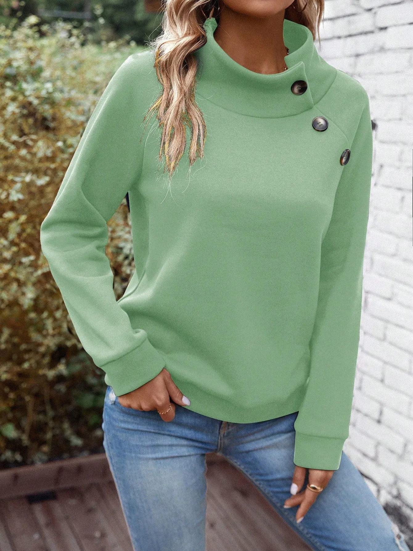 LUNE Women's Solid Color Stand Collar Raglan Sleeve Button Design Casual Fleece Hooded Sweatshirt, Autumn/Winter
