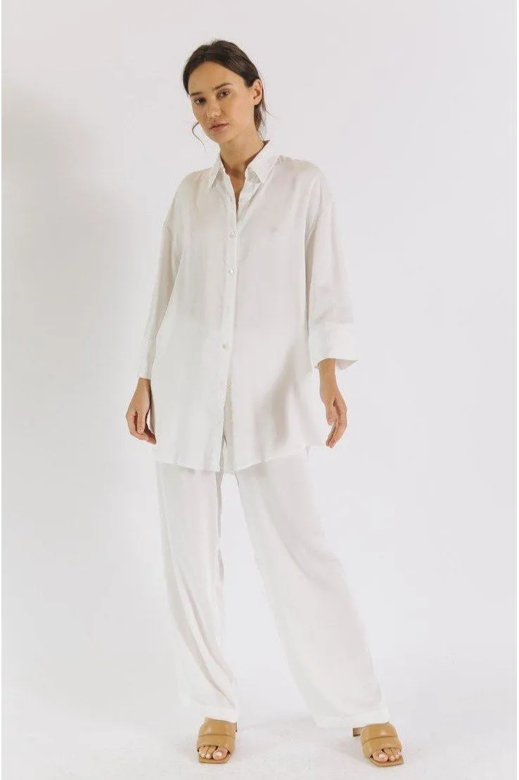 Madison Satin Tencel Boyfriend Shirt - White/Midnight/Black