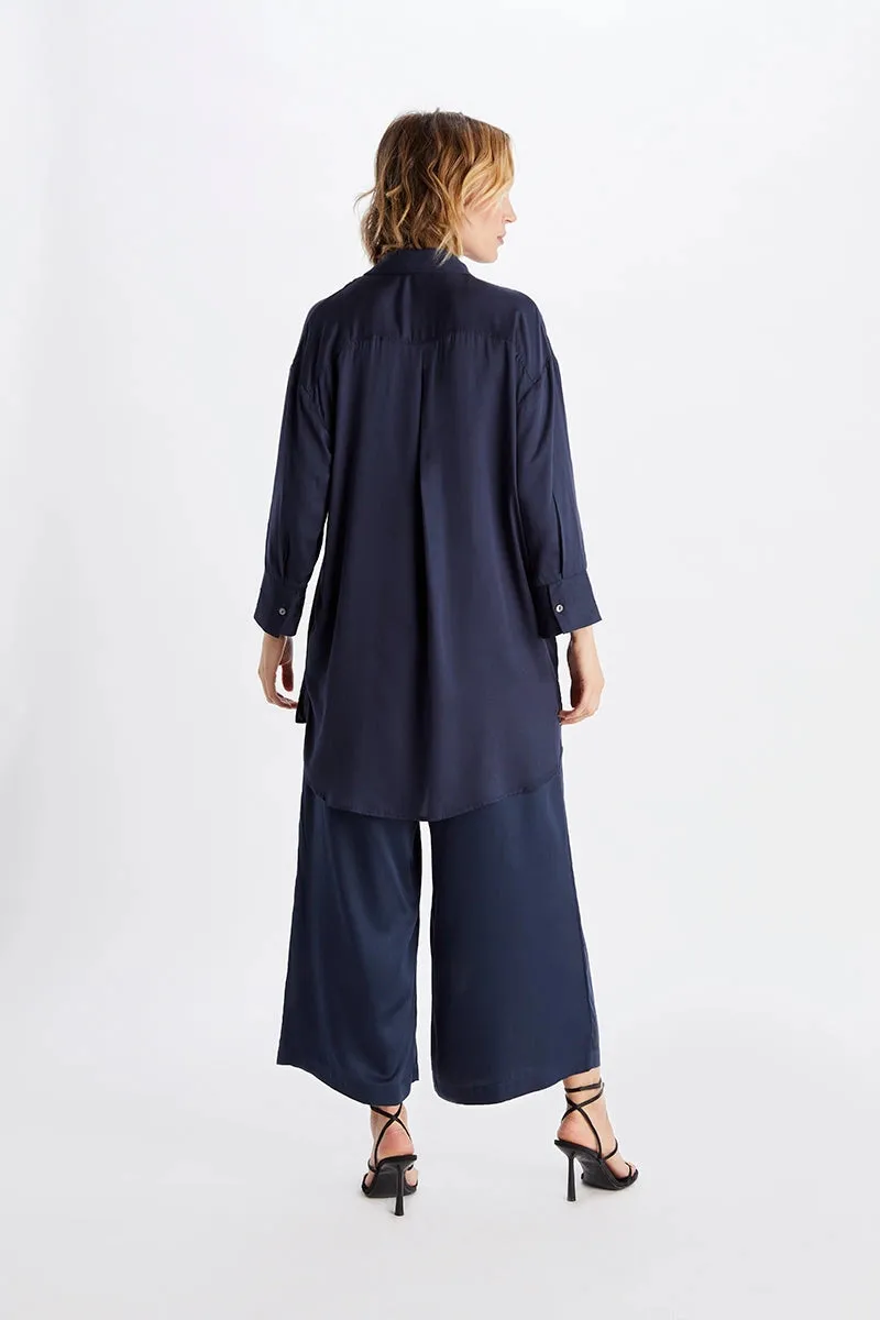 Madison Satin Tencel Boyfriend Shirt - White/Midnight/Black