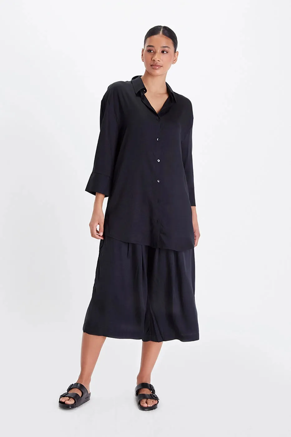 Madison Satin Tencel Boyfriend Shirt - White/Midnight/Black