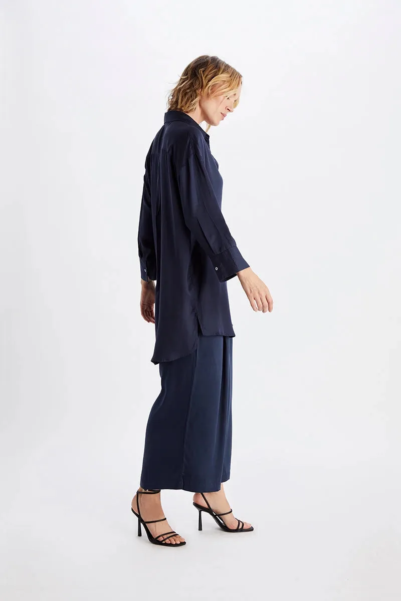 Madison Satin Tencel Boyfriend Shirt - White/Midnight/Black