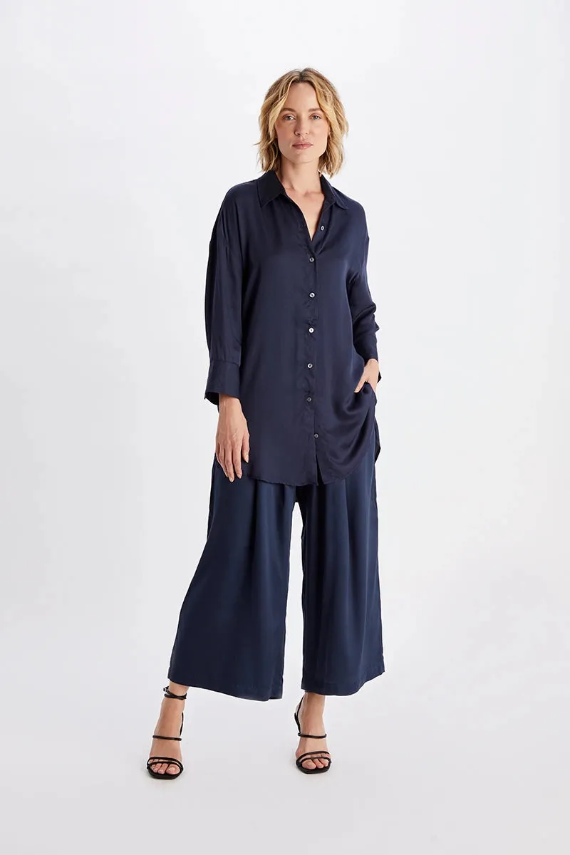 Madison Satin Tencel Boyfriend Shirt - White/Midnight/Black
