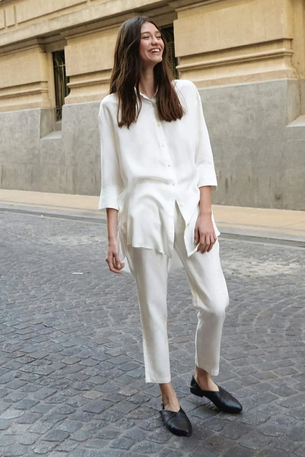 Madison Satin Tencel Boyfriend Shirt - White/Midnight/Black