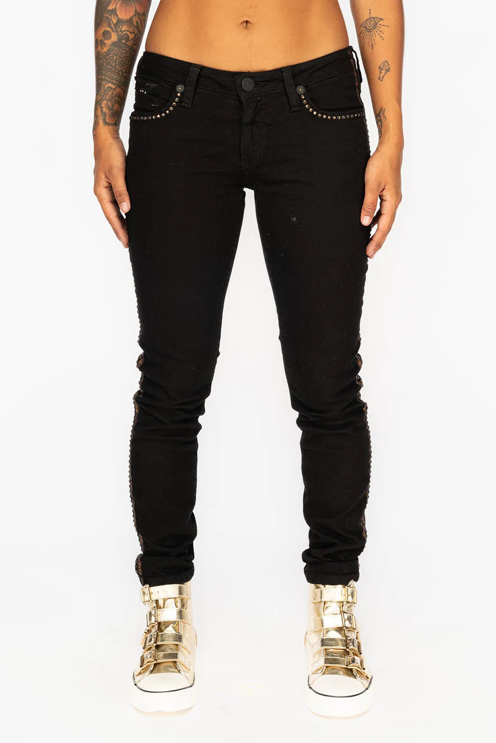 MARILYN WOMENS SKINNY JEANS IN BLACK WITH COPPER GLITTER TUXEDO STRIPE  WITH SMOKEY TOPAZ CRYSTALS