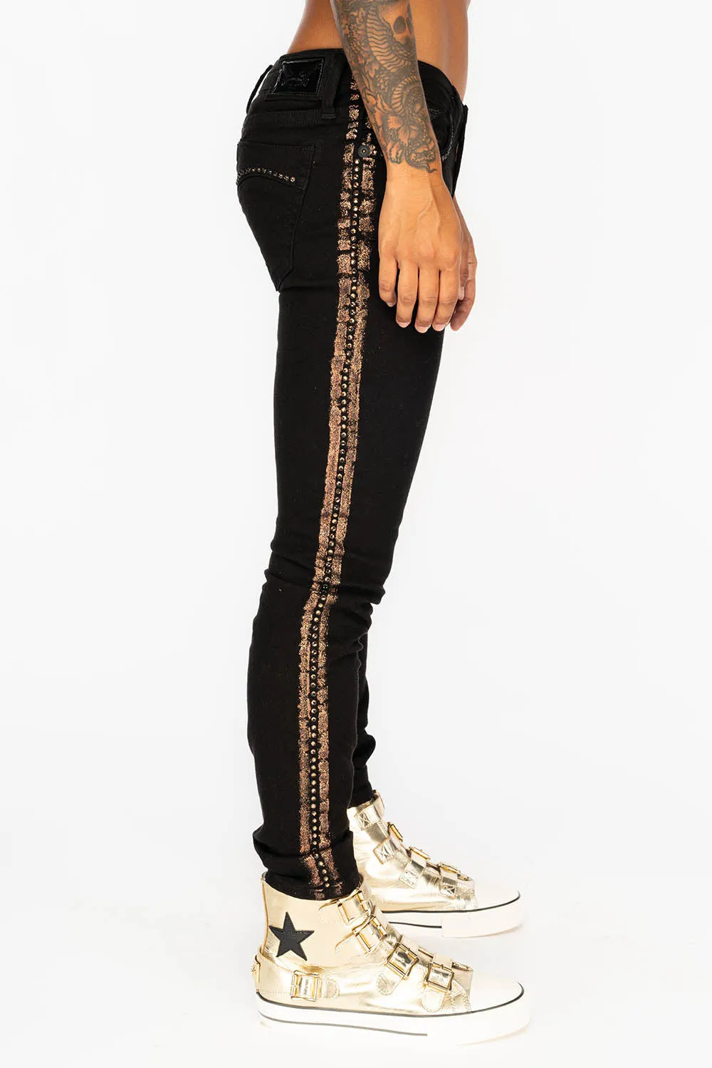 MARILYN WOMENS SKINNY JEANS IN BLACK WITH COPPER GLITTER TUXEDO STRIPE  WITH SMOKEY TOPAZ CRYSTALS