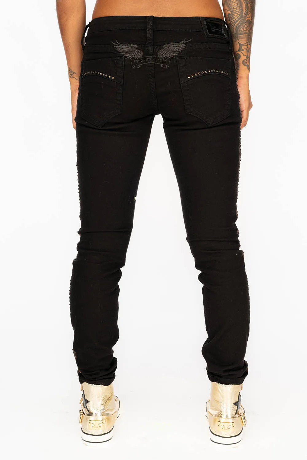 MARILYN WOMENS SKINNY JEANS IN BLACK WITH COPPER GLITTER TUXEDO STRIPE  WITH SMOKEY TOPAZ CRYSTALS
