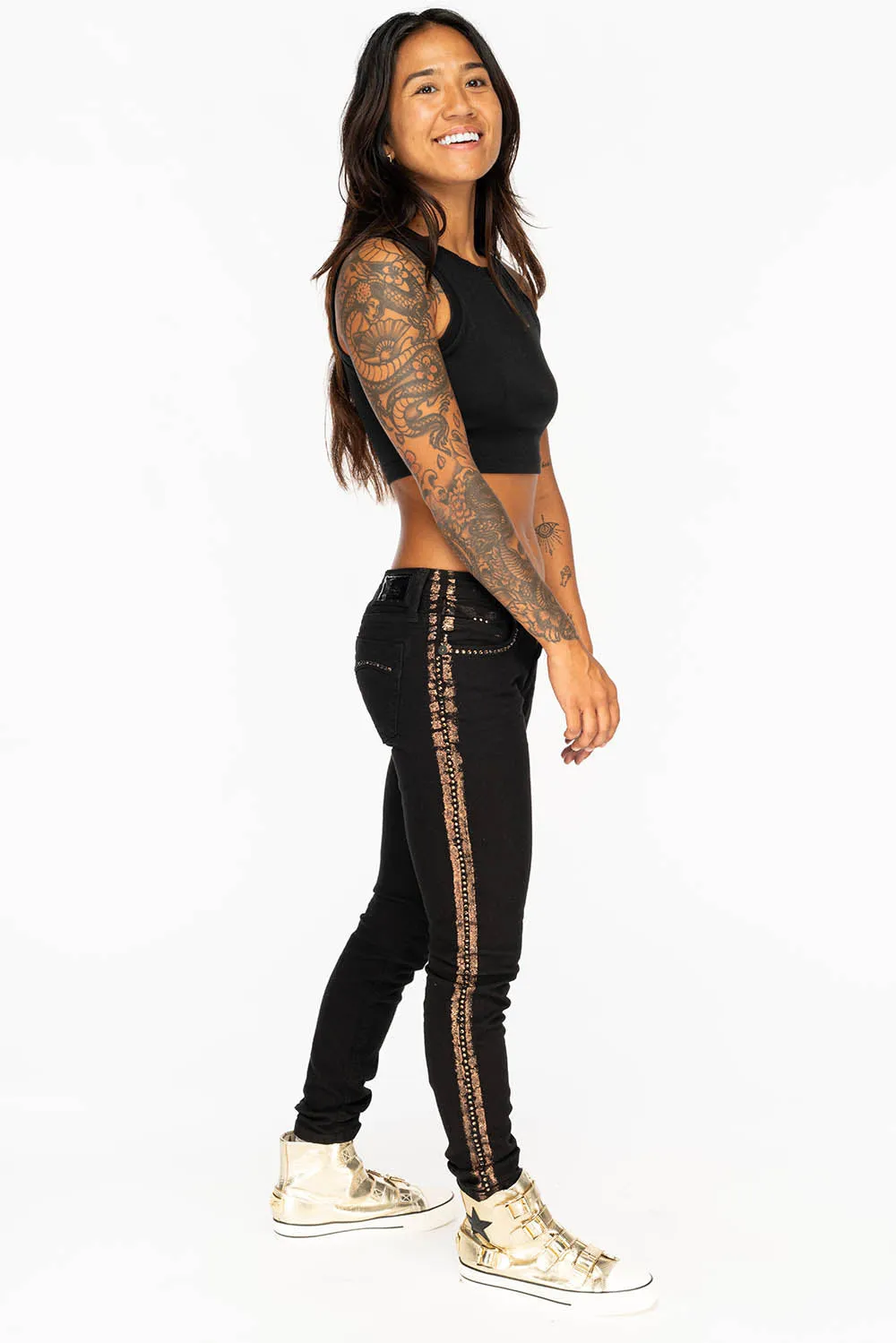 MARILYN WOMENS SKINNY JEANS IN BLACK WITH COPPER GLITTER TUXEDO STRIPE  WITH SMOKEY TOPAZ CRYSTALS