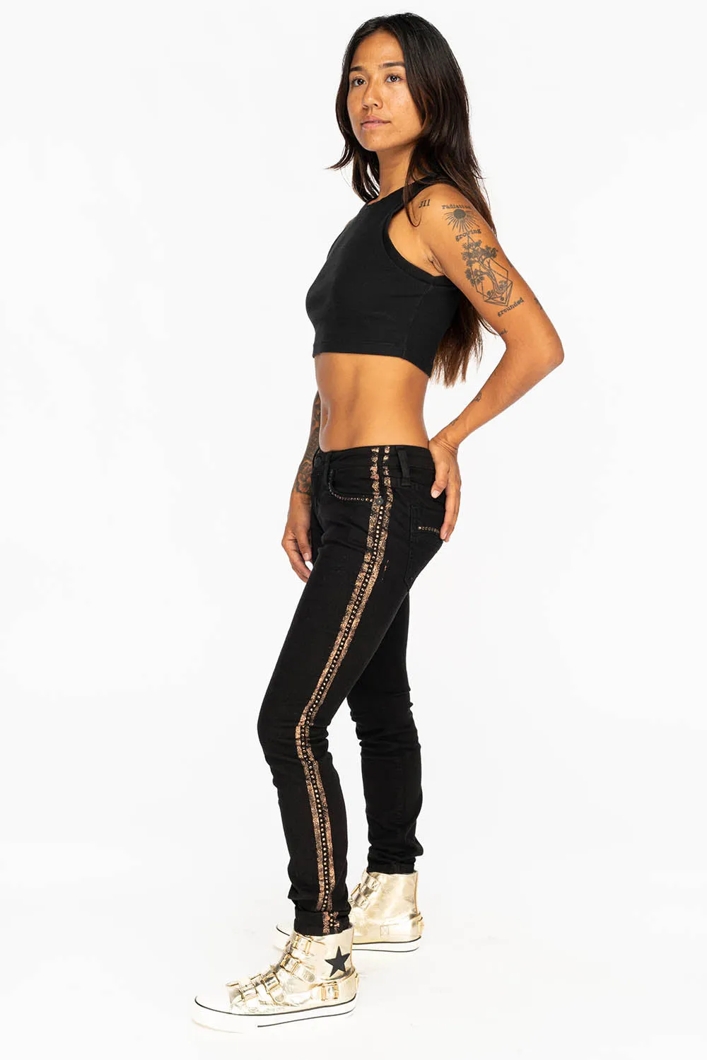 MARILYN WOMENS SKINNY JEANS IN BLACK WITH COPPER GLITTER TUXEDO STRIPE  WITH SMOKEY TOPAZ CRYSTALS
