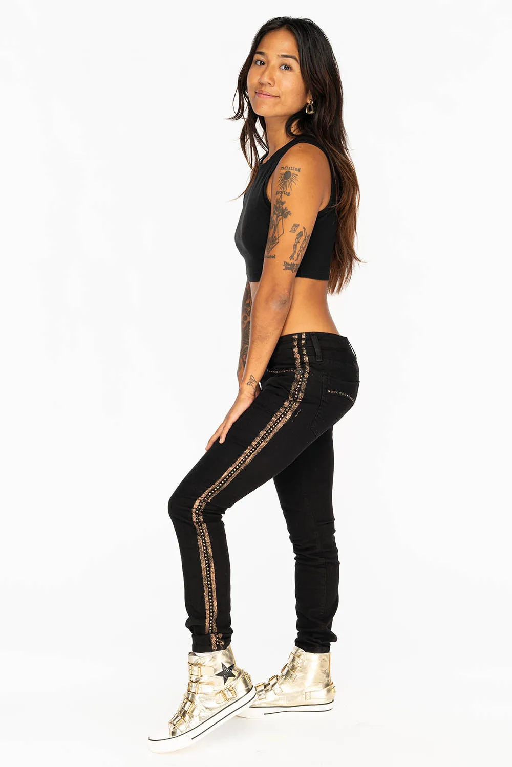 MARILYN WOMENS SKINNY JEANS IN BLACK WITH COPPER GLITTER TUXEDO STRIPE  WITH SMOKEY TOPAZ CRYSTALS