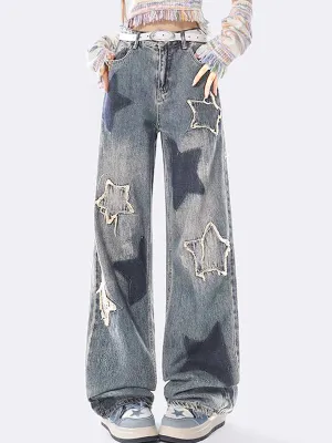 Mehrfarbige Vintage Stern Design Boyfriend Jeans