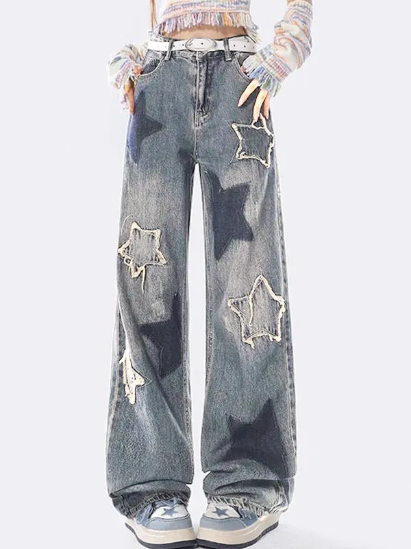 Mehrfarbige Vintage Stern Design Boyfriend Jeans
