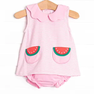 Melon Memories Applique Diaper Set, Pink Stripe