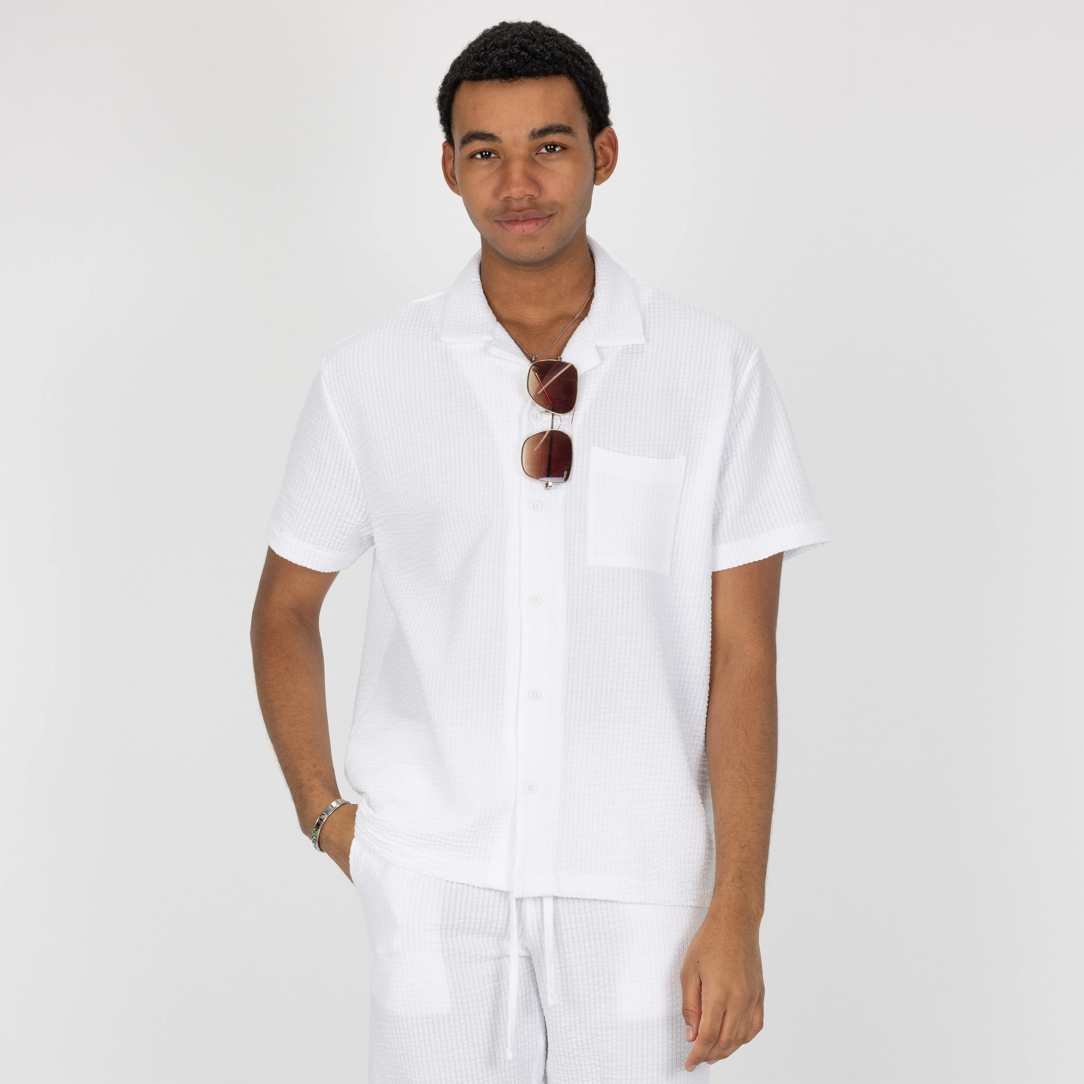 Mens Cool Knit Seersucker Camp Shirt - White