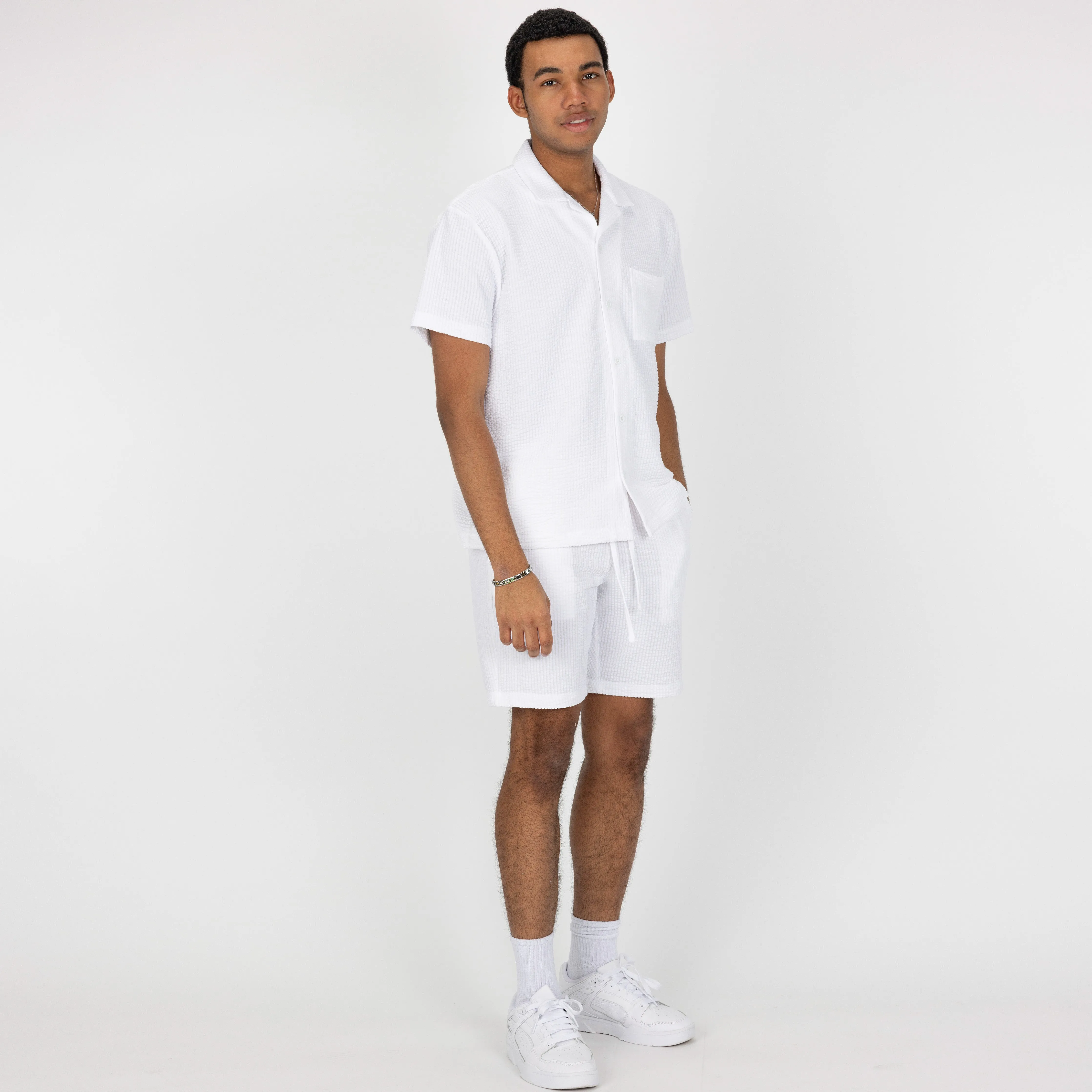 Mens Cool Knit Seersucker Camp Shirt - White