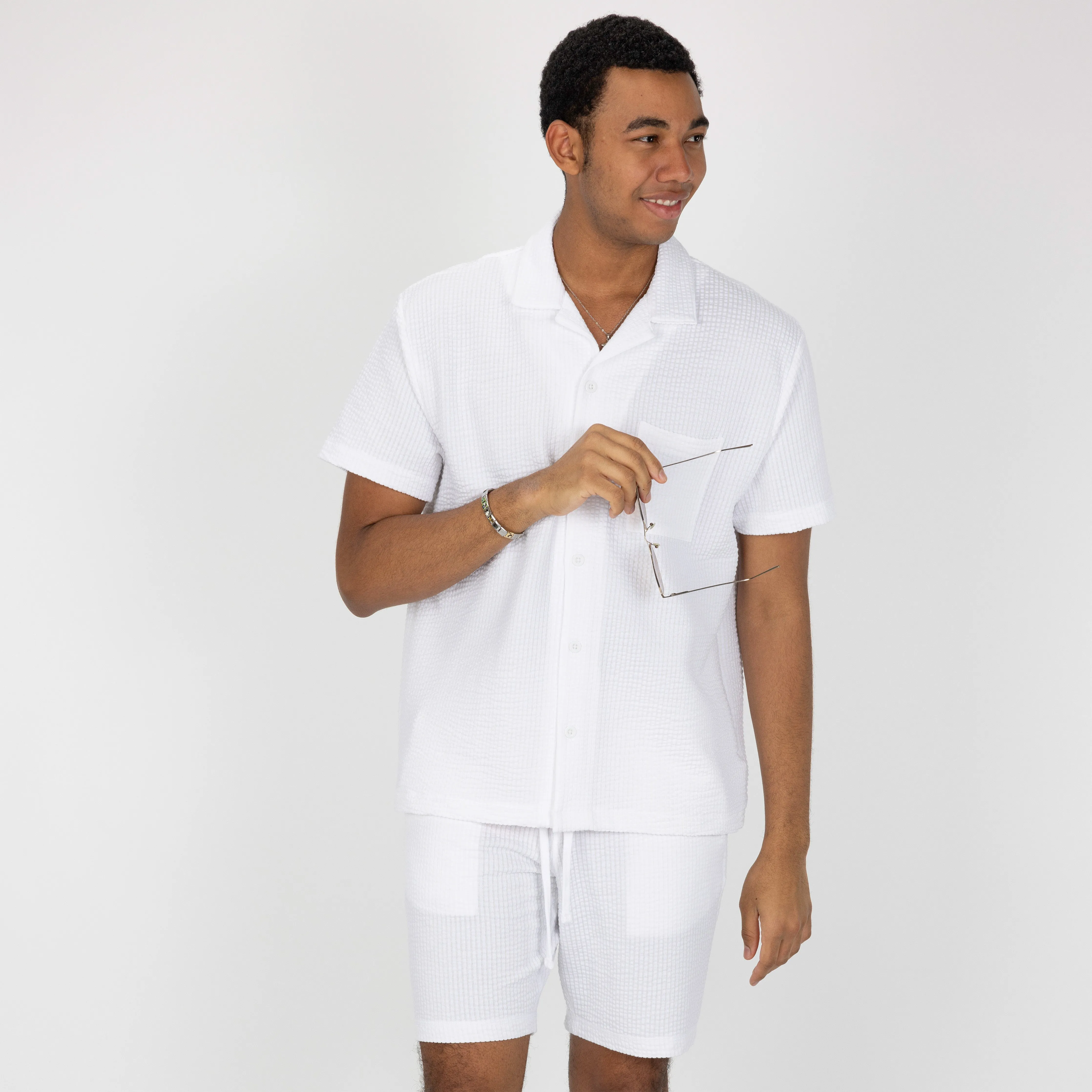 Mens Cool Knit Seersucker Camp Shirt - White