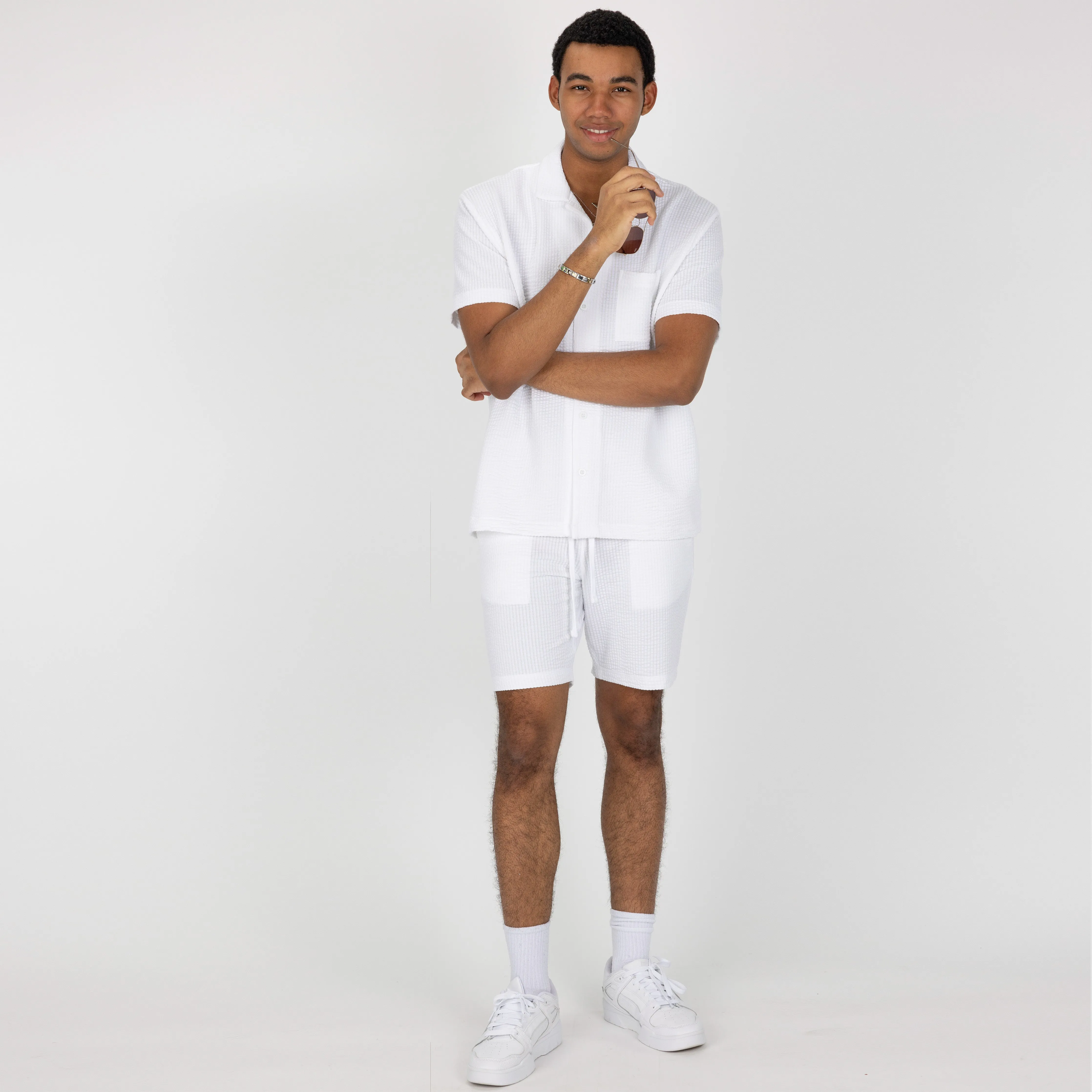 Mens Cool Knit Seersucker Camp Shirt - White