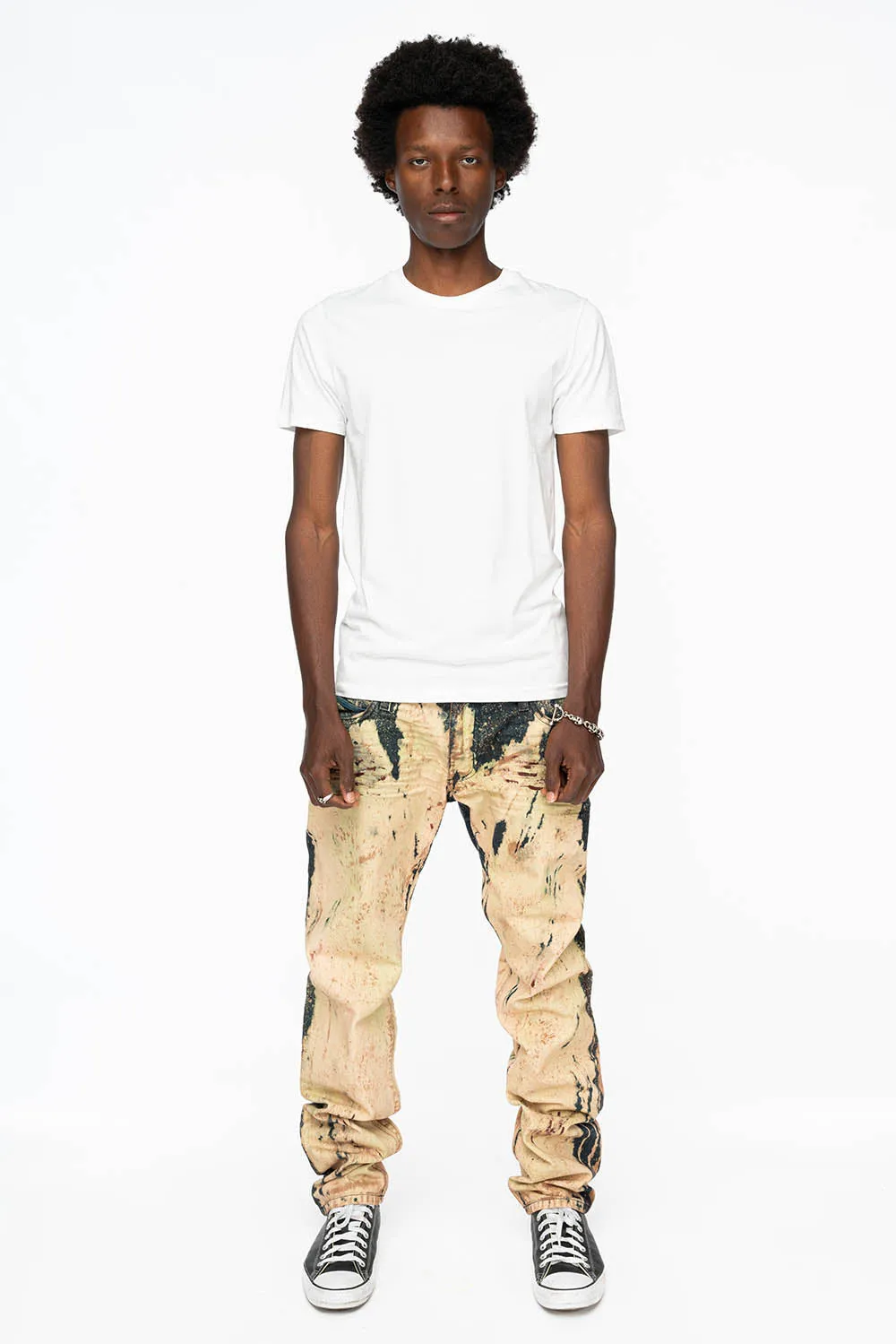 MENS  FLAP POCKET SKINNY JEANS IN GRAFFITI WASH WITH CRYSTALS
