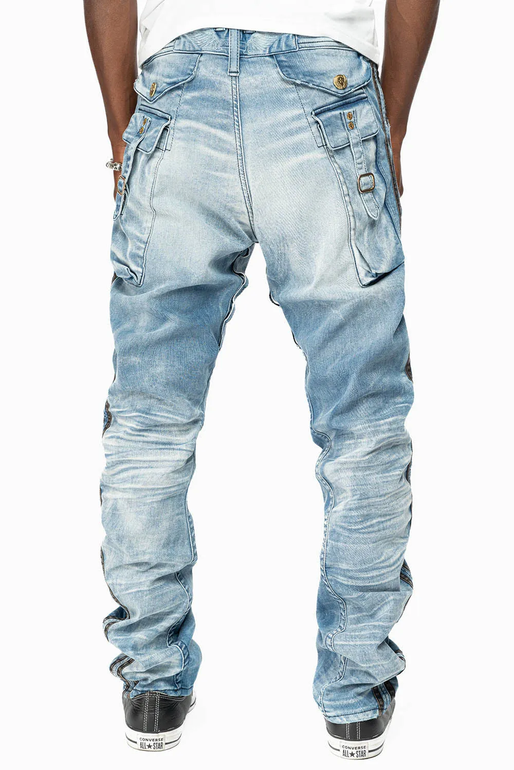MENS LIMITED EDITION WARRIOR MILITARY JEAN- PANTS IN BLUE OMAHA LIGHT WASH WITH CRYSTALS