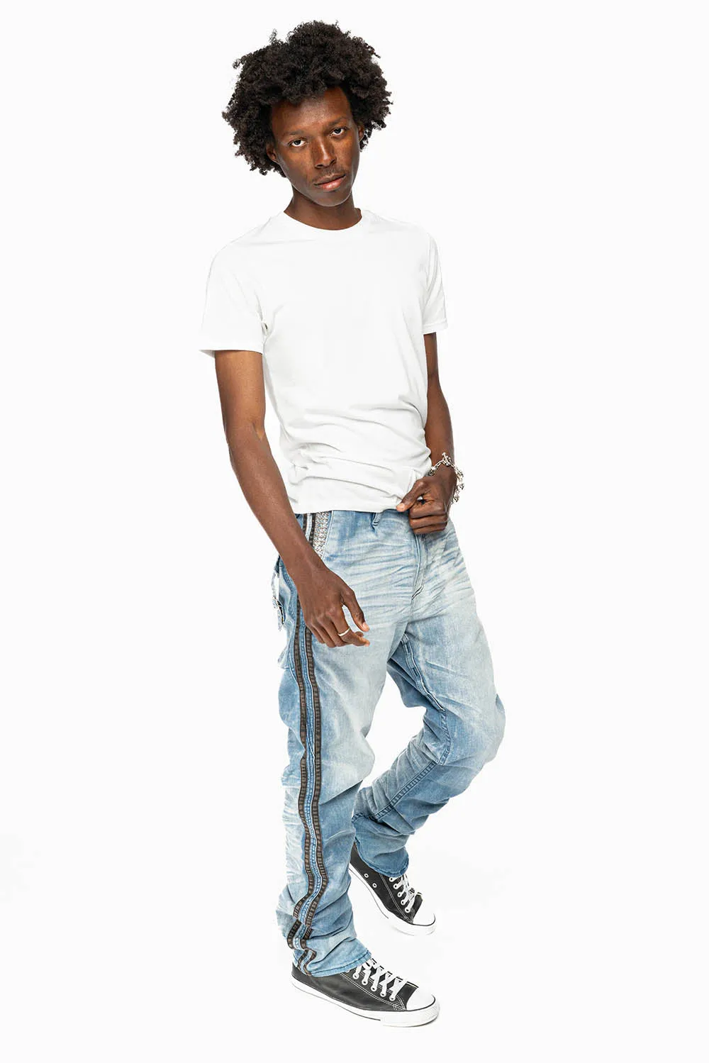 MENS LIMITED EDITION WARRIOR MILITARY JEAN- PANTS IN BLUE OMAHA LIGHT WASH WITH CRYSTALS